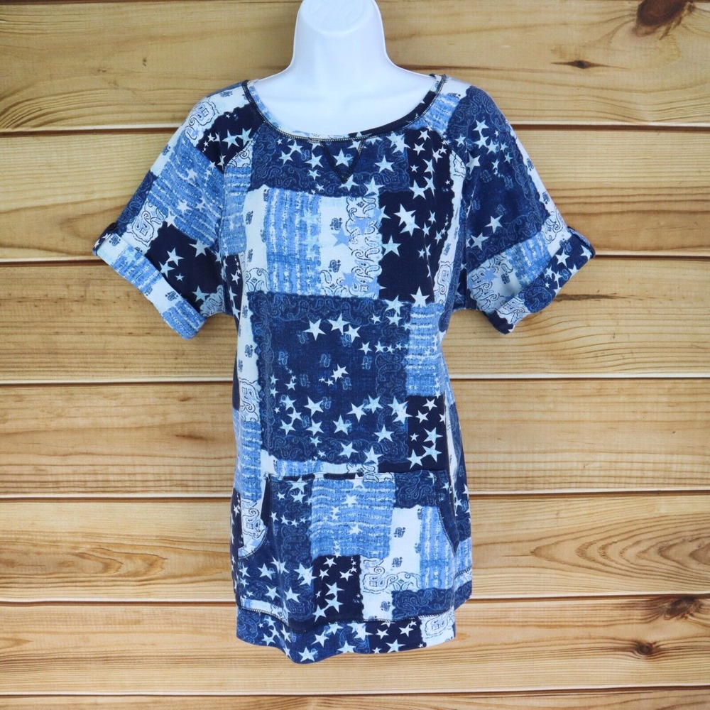 Woman Within Maternity Shirt Pockets Womens M 14-16 Blue White Patchwork Stars